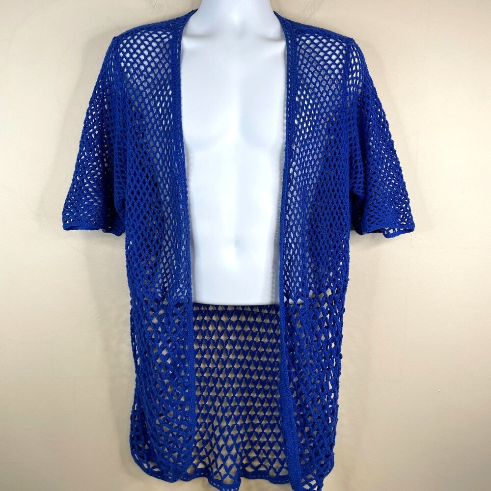 Chico's Womens Crochet Beachy Open Cardigan Sweater 3 XL Blue‎ Mid Length Travel